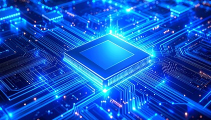 Fototapeta na wymiar Luminous Central Processor Igniting a Network of Blue Digital Pathways.
