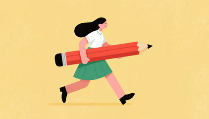 A flat illustration of a girl in a school uniform who runs holding a large pencil in her hands. Vector graphics. EPS.	