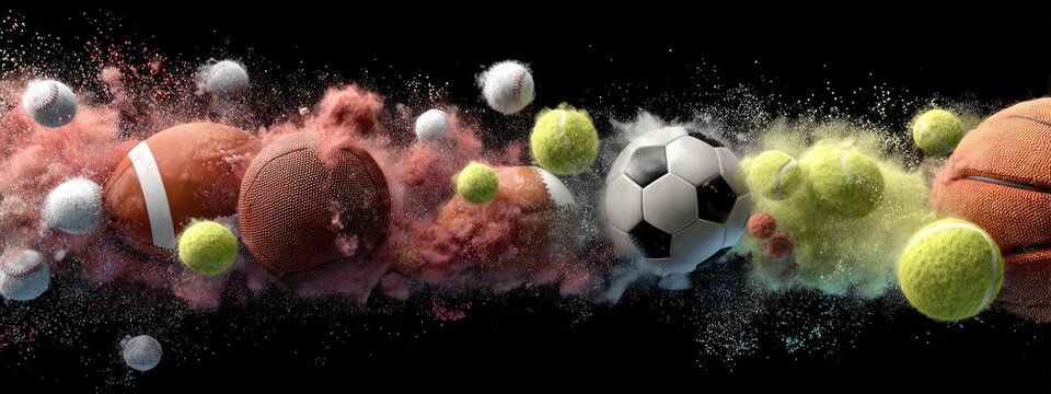 A vibrant explosion of various sports balls amidst colored powder against a black backdrop