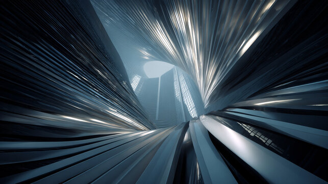 Futuristic abstract architecture in motion, blending 2D and 3D elements, dramatic perspective, cinematic lighting, tech-inspired design, professional photography quality