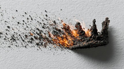 Burning crown disintegrating into ashes on white background