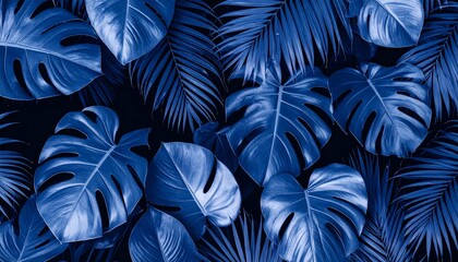Moody Tropical Tapestry of Monstera and Palm Leaves in Classic Blue Tones.