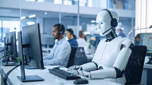 Ai Robot Wearing Headset Working at Computer in Modern Office With Diverse Team Providing Customer Support Services and Advanced Technological Assistance - Powered by Adobe
