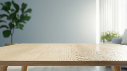 diffused natural light illuminating a close-up of an empty wooden table.