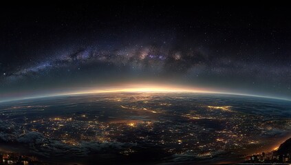 Night Earthrise Milky Way over city lights, sunrise. Wallpaper