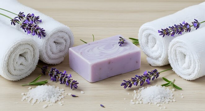 Relaxing lavender spa set with soap, towels, and sea salt for a tranquil aromatherapy experience