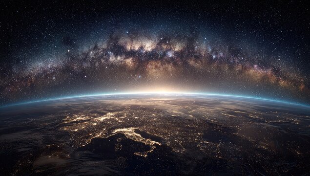 Earthrise over Milky Way galaxy at night, space exploration