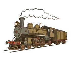 Vintage steam locomotive with cargo carriage on tracks
