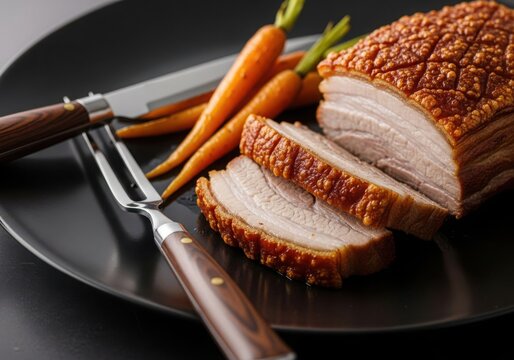 A delicious roasted pork with crispy crackling served with carrots