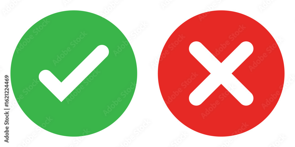 Poster icon set. green checkmark, red x. represent dos and don'ts, good and bad, positive and negative. ide
