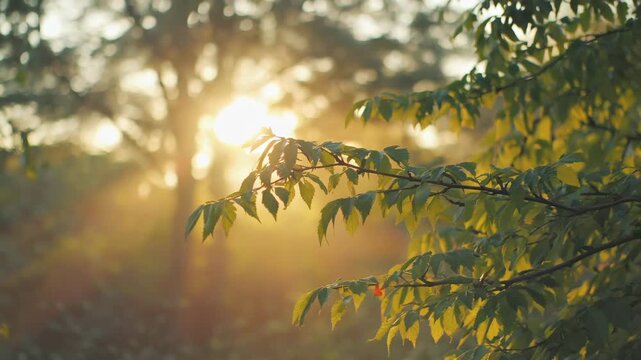 Sun shining through leaves of tree branch moving in wind