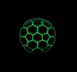 Fototapeta premium Glowing green hexagonal sphere on black background; resembles a stylized soccer ball or geodesic dome