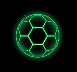Obraz premium Glowing green neon soccer ball on black background, outlined hexagons, subtle sparkle effect