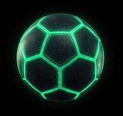 Naklejka premium Glowing green lines delineate the pentagonal and hexagonal panels of a dark, subtly textured spherical object against a pitch-black background