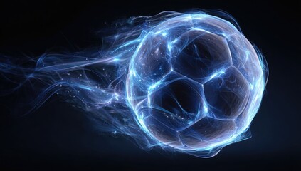 Glowing soccer ball in motion, enveloped by ethereal blue energy trails against a dark backdrop