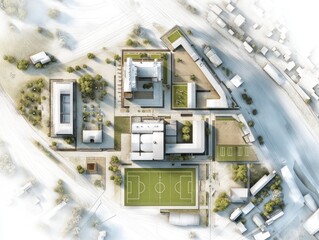High-angle architectural rendering of a campus featuring multiple buildings, courtyards, a soccer field, and surrounding residential areas, rendered in muted tones with a soft, aerial perspective