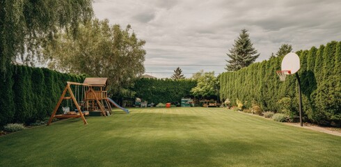 Lush green backyard with playset, basketball hoop, and tall hedges under a cloudy sky