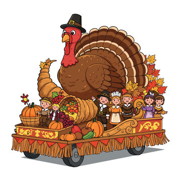 Thanksgiving parade float with festive turkey and diverse children in pilgrim costumes