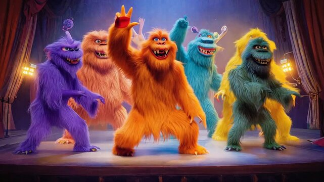 Colorful monsters performing on theater stage