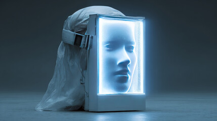 Artificial intelligence face displaying on futuristic device