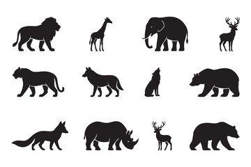 Wild Animal Silhouette Icons Set - Lion, Elephant, Bear, Wolf, Giraffe, Rhino, Deer, Fox, Leopard Vector