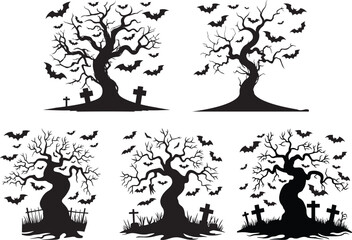 Halloween Silhouette Featuring Spooky Trees Vector Set