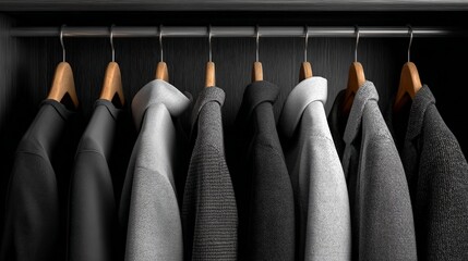 Black and gray clothes hanging on wooden hangers in a modern minimalist wardrobe