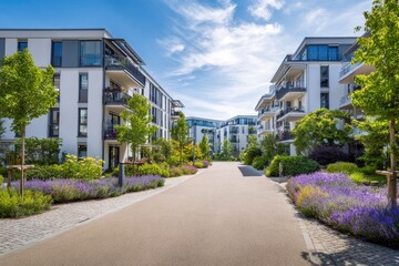 Fototapeta premium Modern apartment complex with a paved road lined by lavender bushes and lush greenery under a sunny sky