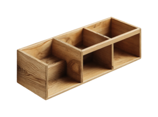 Creative wooden organizer for office supplies modern workspace home isolated on transparent background, png