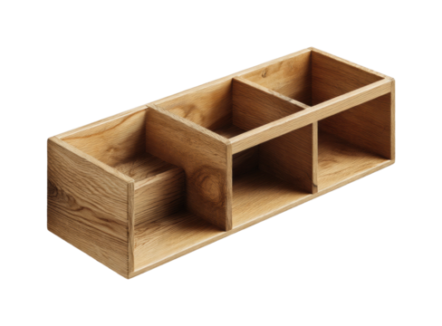 Creative wooden organizer for office supplies modern workspace home isolated on transparent background, png