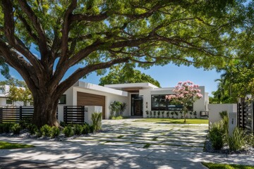 Modern, single-story white house with flat roof, wood accents, and expansive driveway, shaded by a large, leafy tree; landscaped lawn & minimalist fencing