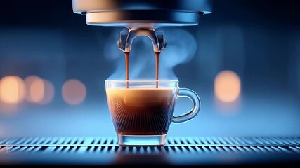 Layered latte with hot milk and espresso pouring into a glass cup from a coffee machine, with steam and warm bokeh lights. Ideal for cafe menus and coffee ads - Powered by Adobe