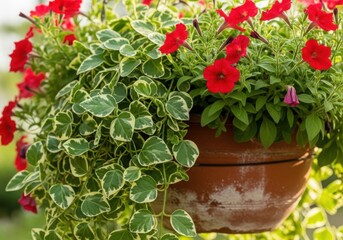 Naklejka premium A vibrant hanging basket filled with red petunias and green foliage
