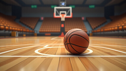 Indoor basketball court with ball in foreground, illuminated hoop and polished wood floor — ideal for sports designs, training content, or gym branding.