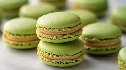 Obraz premium Fresh Green Macarons Arranged Beautifully on a Soft Surface.