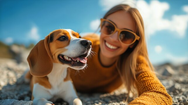 Happy Moment of a Woman With a Beagle Dog on a Sunny Day Outdoors Near Rocks and Clouds - Powered by Adobe