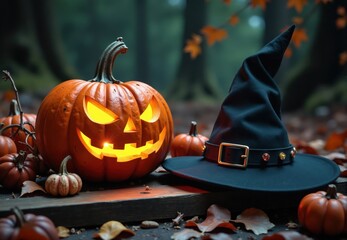 Jack-o'-lantern and Witch's Hat with Pumpkins and Leaves