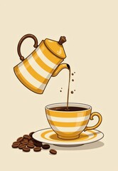 Coffee Being Poured from Striped Pot into Teacup and Saucer