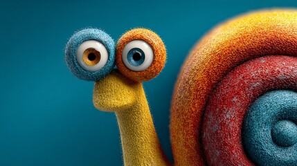Colorful plush snail looking with big eyes on blue background