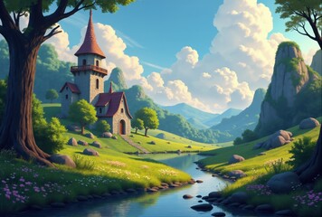 Stone Tower House in a Valley Landscape
