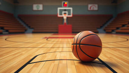 Indoor basketball court with ball in foreground, illuminated hoop and polished wood floor — ideal for sports designs, training content, or gym branding.