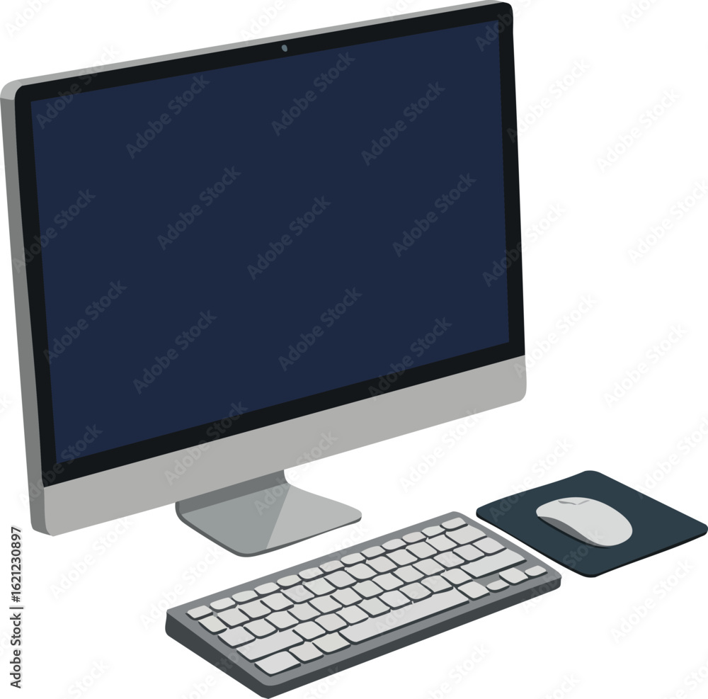 Poster desktop computer with keyboard and mouse vector illustration in isometric style for technology and o