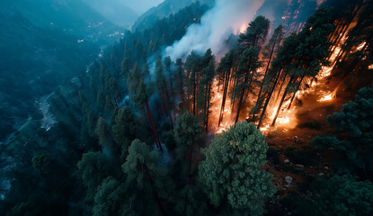 Obraz premium Widespread Wildfire Burning In Mountain Forest With Tall Trees And Thick Rising Smoke