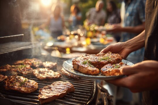 Barbecue party, people holding plates with food around the grill, stock photo contest winner, summer beach background Generative AI