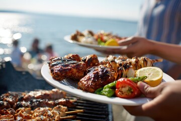 people grilling on an outdoor grill, one holding up a platter of food with chicken wings and kebabs, another hand reaching in to take something from the plate, beach background sunny day Generative AI