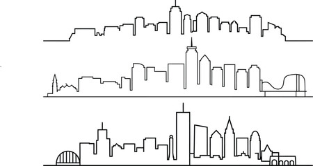 Obraz premium Three distinct hand drawn city skyline outlines in black and white
