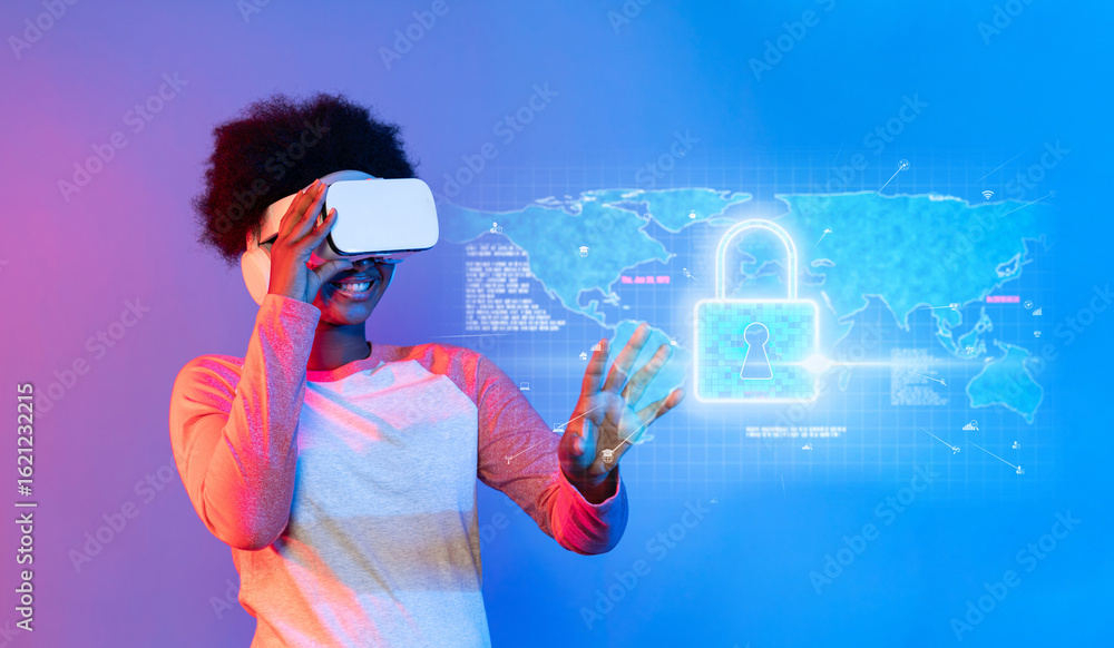 Aufkleber a young person interacts with a virtual reality interface showcasing cybersecurity elements in a vib