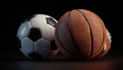 Obraz premium Three sports balls?soccer, basketball, and American football?rest on a dark surface, subtly lit, showcasing their textured surfaces and distinct designs