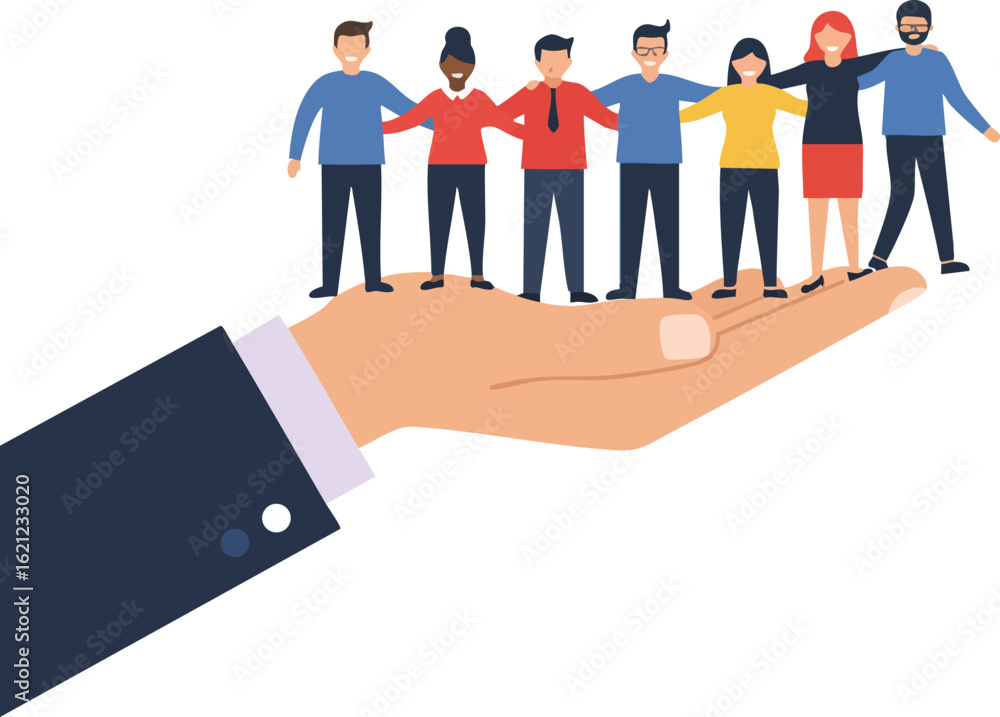 Poster diverse group of people standing on large hand symbolizing support and unity vector illustration