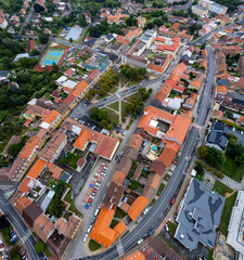 Aerial view of the city   Nové Strašecí in the Czech Republic. on a cloudy day in spring